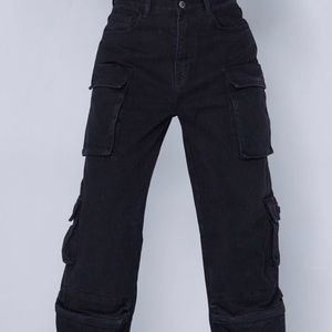 Dark washed wide leg cargo jeans